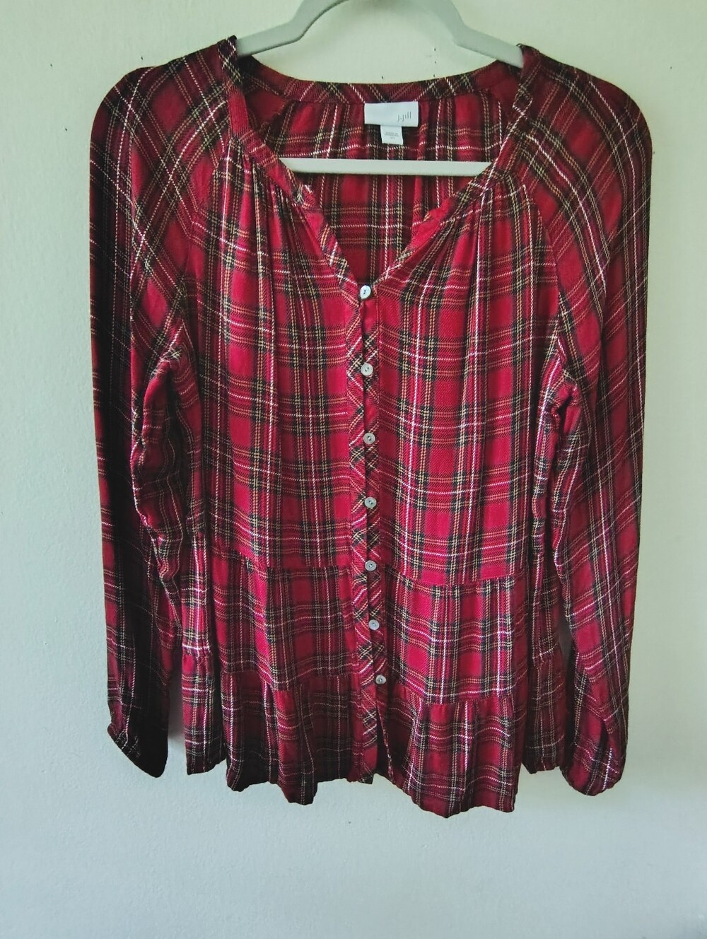 J.Jill Red Plaid Peplum Blouse Top XS Holiday Ruffle Flowy Casual Tartan Relaxed
